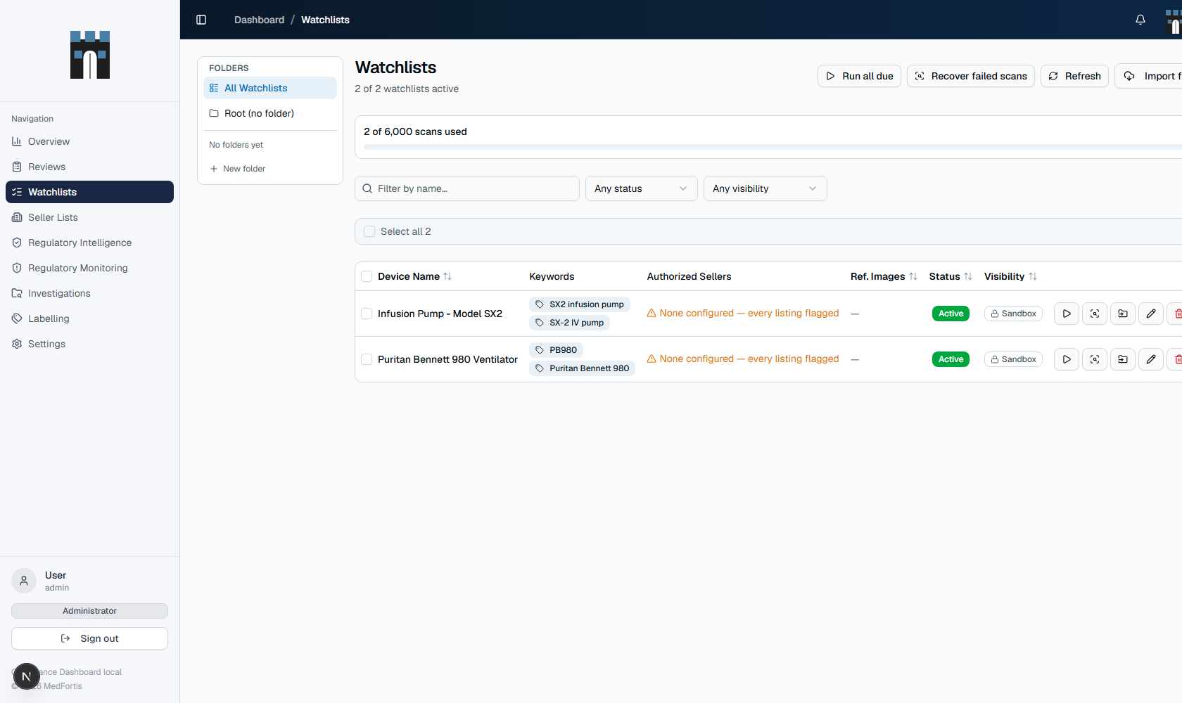 MedFortis watchlists screen showing monitored devices, authorized sellers, folders and scan usage